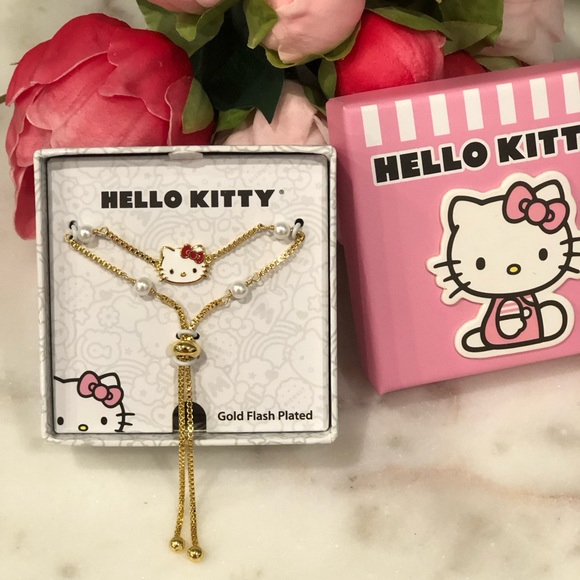 Hello Kitty Sanrio Yellow Gold Flash Plated Lariat Bracelet Imitation Pearls - Picture 1 of 8